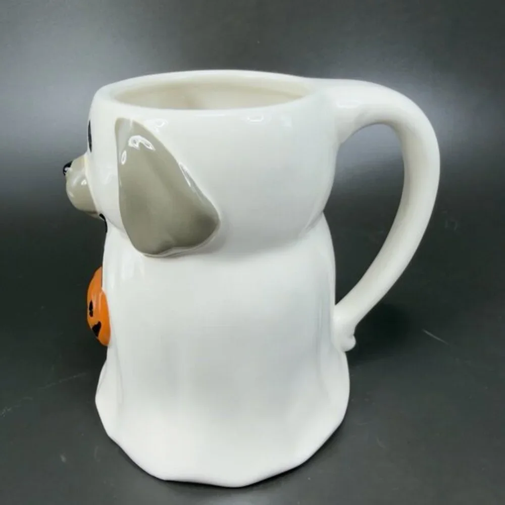 Pottery Barn Ceramic Dog Ghost Holding A Pumpkin Coffee Mug Cup Whimsical 25oz‎